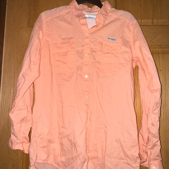 Columbia Shirt Womens Small Orange Pink PFG Logo Mesh Lined Vented Pockets peach - Picture 1 of 4